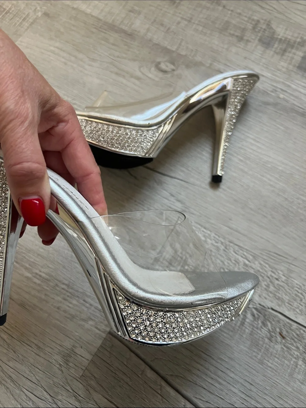 Fabulous Silver Rhinestone Platform Stiletto Heels with Clear Strap